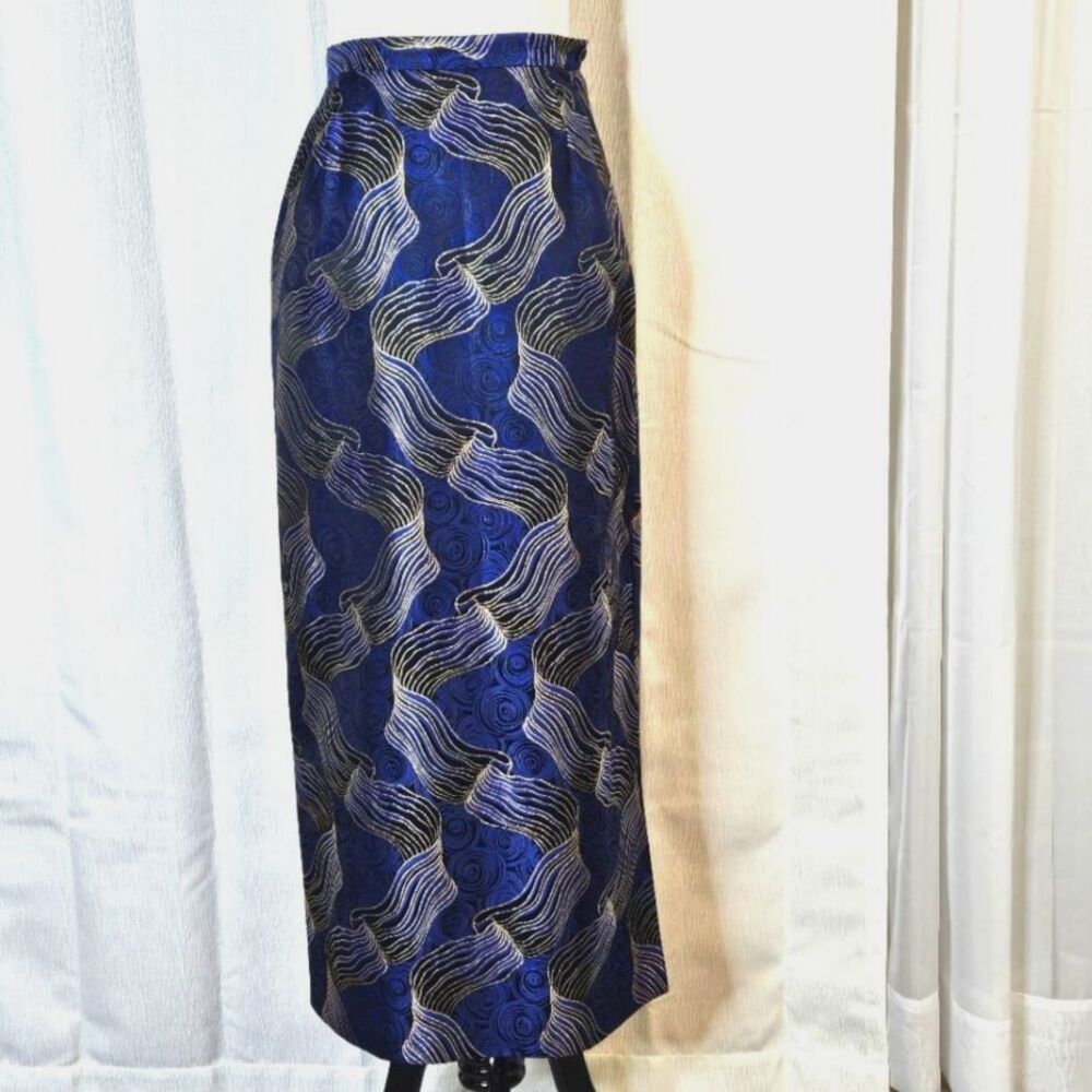 Siasia New York Vintage Blue Gold Metallic Straight Line Side Split Formal Skirt